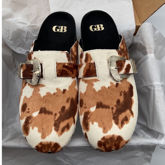 Gianni Bini Shoes - Gianni Bini Cow Print Hair Calf Western Buckle Clogs Mules Brown White 8.5M